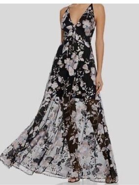 Avery G Floral V-Neck Black Pink Embroidered Maxi Dress Size 4